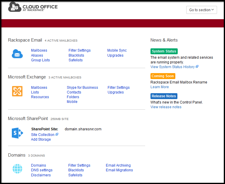 Rackspace Email control panel overview
