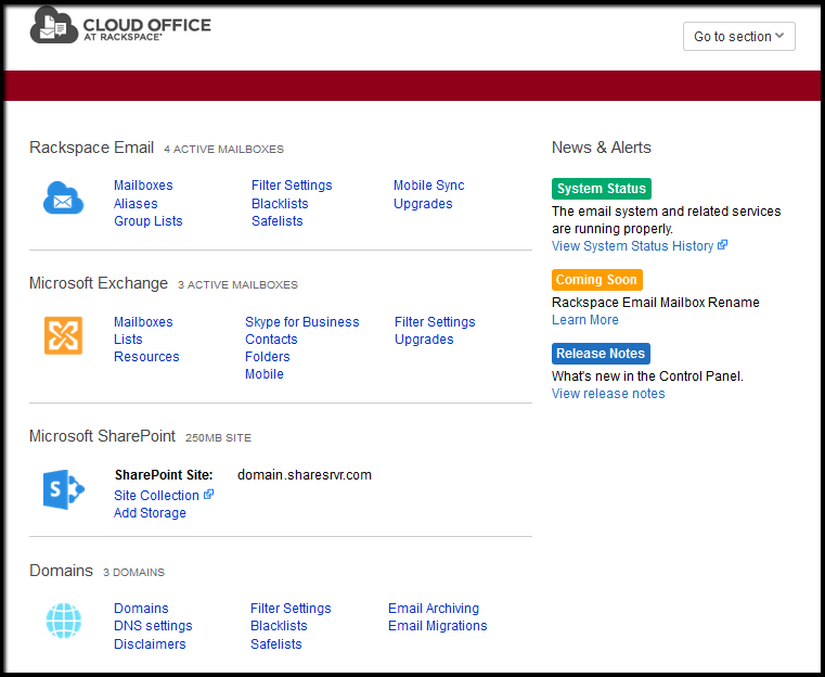 Rackspace Email control panel overview